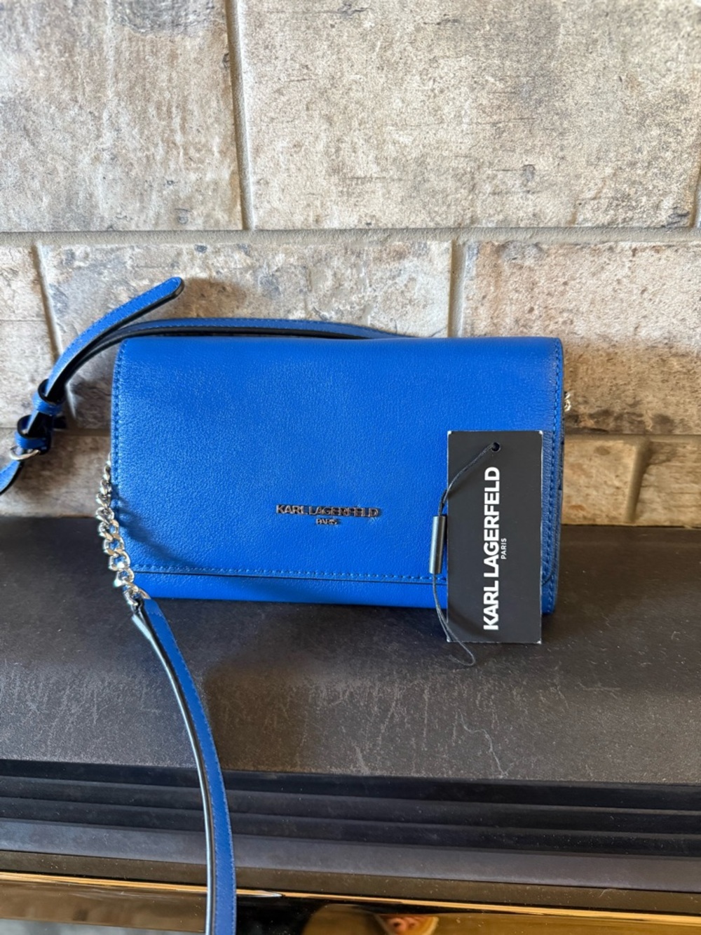 Karl Lagerfeld Electric Blue Leather Crossbody Wallet with Chain Strap